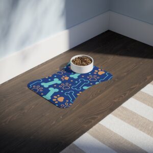 Colorful Pet Feeding Mats with Fun Bones & Paws Design - Dark Blue