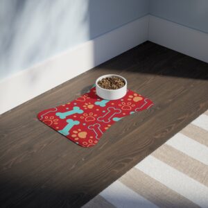 Colorful Pet Feeding Mats with Fun Bones & Paws Design-Dark Red